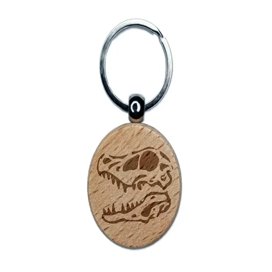 Velociraptor Skull Dinosaur Fossil Bone Engraved Wood Round Keychain Tag Charm {1}