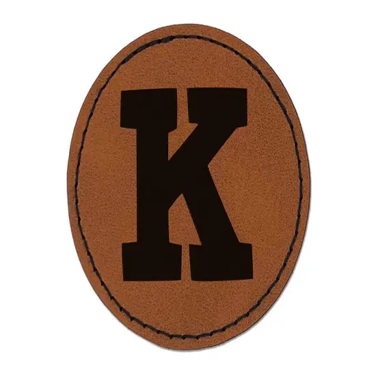 Letter K Uppercase Fun Bold Font Round Iron-On Engraved Faux Leather Patch Applique - 2.5" Brown {1}