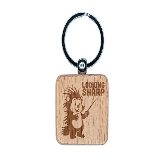 Looking Sharp with Cute Porcupine Engraved Wood Square Keychain Tag Charm {1}