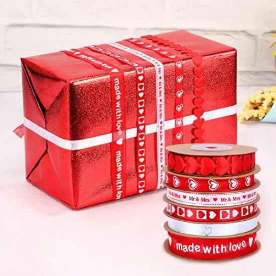 6 Pieces Valentine's Day Ribbons Printed Heart Wired Ribbons Craft Satin Ribbons for Gift Wrapping DIY Supplies {5}
