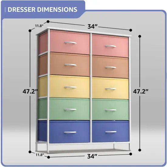 Sorbus Dresser with 10 Drawers - Storage Unit Organizer Chest for Clothes - Bedroom, Room, Nursery, & Closet - Steel Frame, Wood Top & Handles, and Easy Pull Fabric Bins Pastel {3}