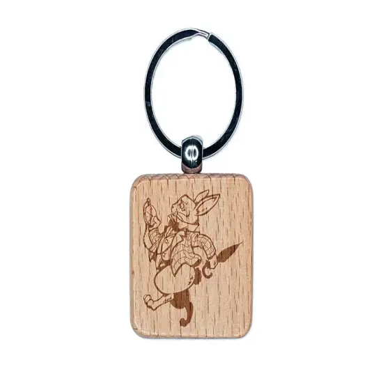 White Rabbit Pocket Watch Wonderland Engraved Wood Square Keychain Tag Charm {1}