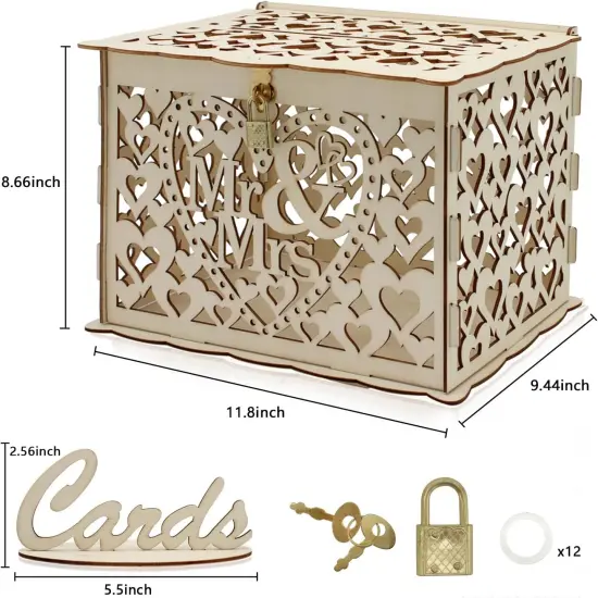 Rustic Wedding Card Box with Mr & Mrs Sign Wooden Card Box with Lock Wedding Box for Cards and Money Gift Box for Reception {3}