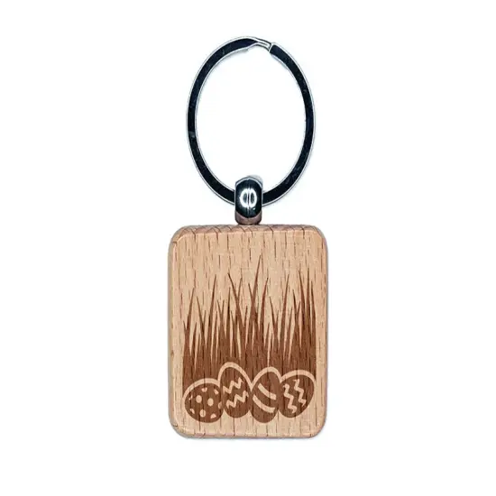 Easter Eggs in Grass Engraved Wood Square Keychain Tag Charm {1}