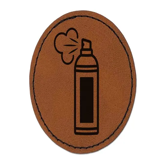 Aerosol Can Spray Paint Hair Spray Round Iron-On Engraved Faux Leather Patch Applique - 2.5" Brown {1}