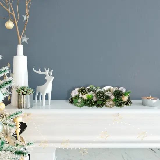 Northlight 13" Green Pinecone and Silver Glitter Ornaments Christmas Tealight Candle Holder {6}