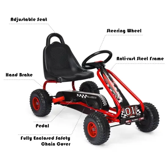 Iron Pedal Powered Ride On Car Go Kart for Kids with Adjustable Seat Red {6}