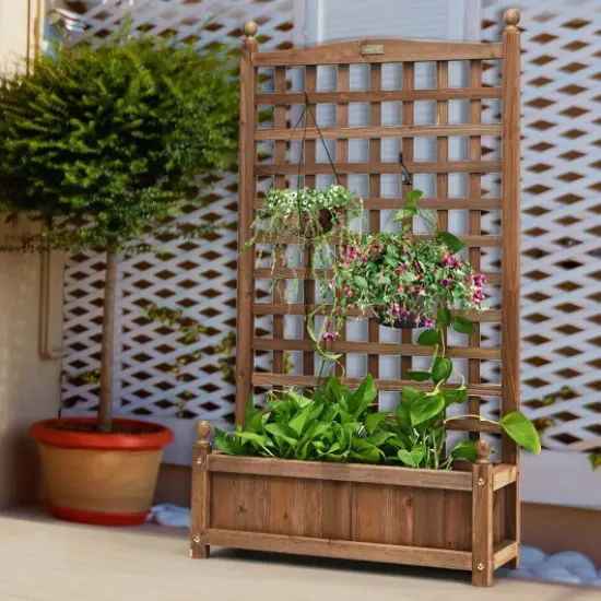 Solid Free Standing Wood Planter Box with Trellis for Garden {2}