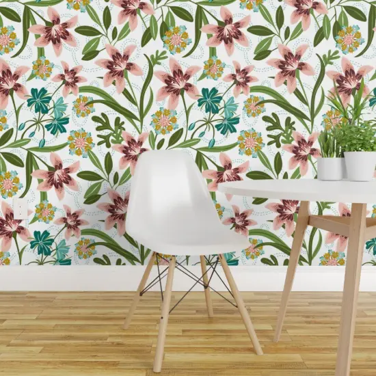 Peel & Stick Wallpaper 2FT Wide Boho Tropical Multicolor Flowers Modern Botanical Lily Lilies Summer Tiger Pink Custom Removable Wallpaper by Spoonflower {1}