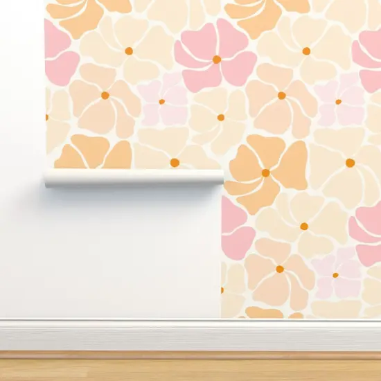 Peel & Stick Wallpaper 2FT Wide Retro Floral Pink Yellow Orange Pastel Flowers Custom Removable Wallpaper by Spoonflower {2}