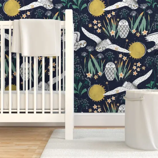 Pre-Pasted Wallpaper 2FT Wide Snowy Owls Botanical Folk Art Xl Scale Jumbo Mid Century Queen Anne Lace Cottagecore Custom Pre-pasted Wallpaper by Spoonflower {7}