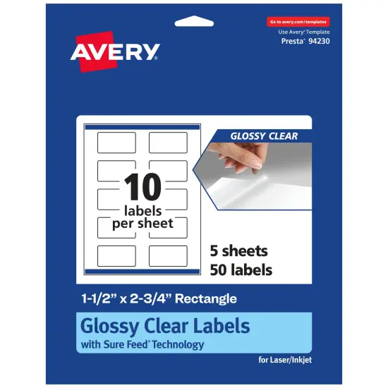 Avery Glossy Clear Rectangle Labels with Sure Feed, 1.5" x 2.75" {7}