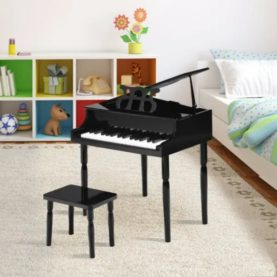 30-Key Wood Toy Kids Grand Piano with Bench and Music Rack Black {1}