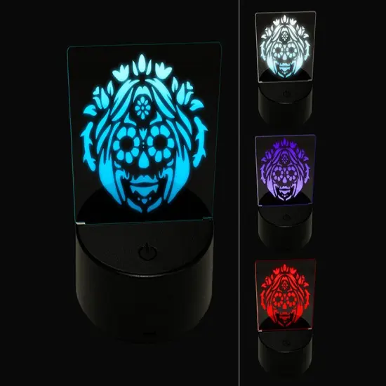 Dia De Los Muertos Woman Mexican Sugar Skull with Flowers 3D Illusion LED Night Light Sign Nightstand Desk Lamp {1}