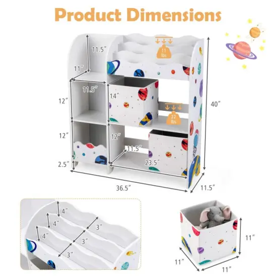 Kids Toy and Book Organizer Children Wooden Storage Cabinet with Storage Bins Planet {5}