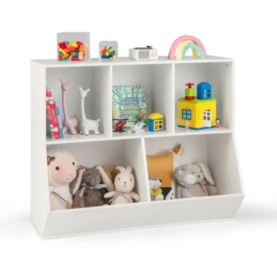 5-Cube Wooden Kids Bookshelf Organizer with 3 Upper Cubes for Books and 2 Large Cubes for Toys Natural {7}