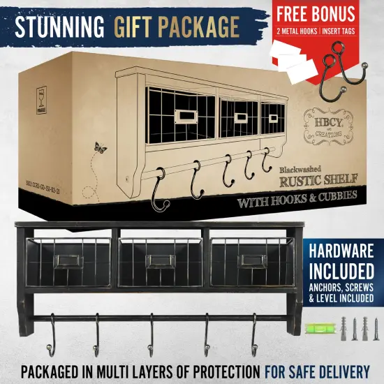 HBCY Creations Rustic Coat Rack Wall Mounted Shelf with Hooks & Baskets, Entryway Organizer Wall Shelf with 5 Coat Hooks and Cubbies Black Wash {4}