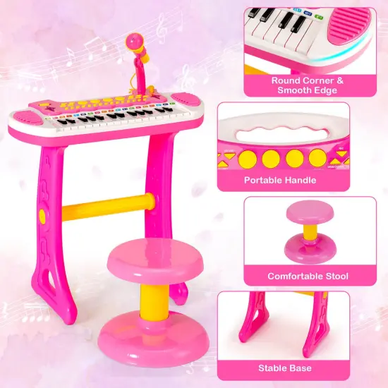 Kids Piano Keyboard with Adjustable Microphone and Stool Pink {4}