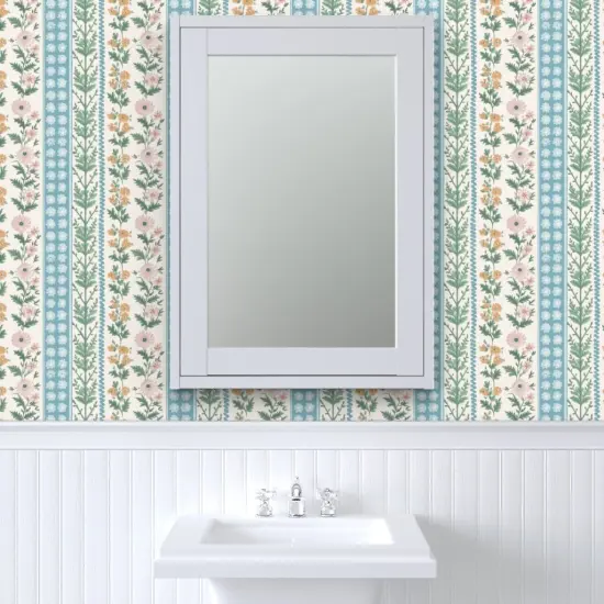 Pre-Pasted Wallpaper 2FT Wide Floral Stripes Pink Green Blue Botanical Flowers Custom Pre-pasted Wallpaper by Spoonflower {6}