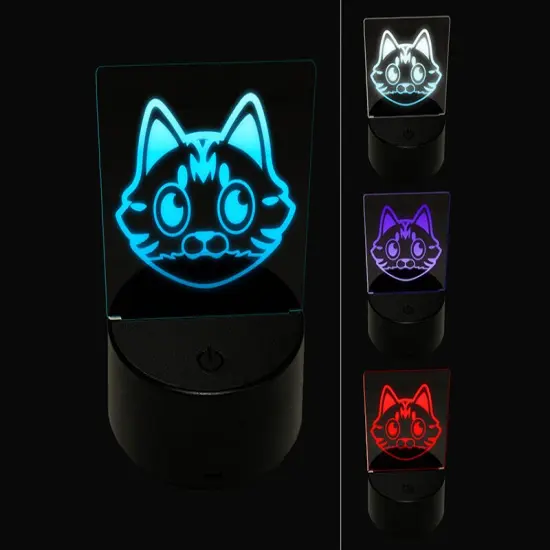 Fluffy Striped Tabby Cat Head 3D Illusion LED Night Light Sign Nightstand Desk Lamp {1}