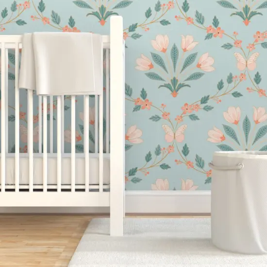 Pre-Pasted Wallpaper 2FT Wide Floral Damask Butterflies Spring Flowers Symmetrical Tulips Leaves Botanical Custom Pre-pasted Wallpaper by Spoonflower {7}