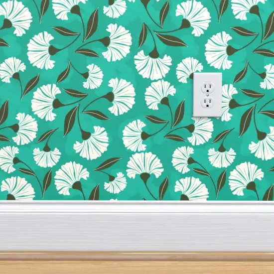 Peel & Stick Wallpaper 2FT Wide Weathered Teal Floral Nature Victorian Summer Garden Picnic Jade Green White Custom Removable Wallpaper by Spoonflower {4}