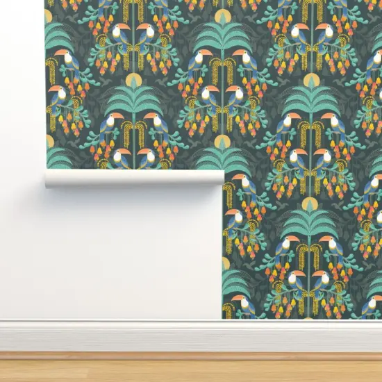 Peel & Stick Wallpaper 2FT Wide Rainforest Damask Dark Tropical Forest Exotic Birds Fruit Soft Orange Coral Salmon Bright Pastel Boho Yellow Mint Blue Large Scale Custom Removable Wallpaper by Spoonflower {2}