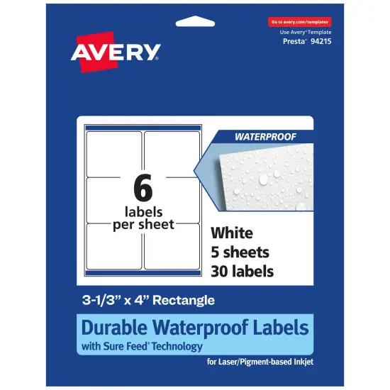Avery Waterproof Rectangle Labels with Sure Feed, 3-1/3" x 4" {7}