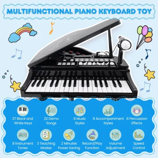 37 Keys Kids Piano Keyboard with Stool and Piano Lid Black {6}