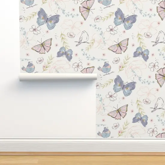 Pre-Pasted Wallpaper 2FT Wide Garden Butterfly Songbird Pastel Pink Purple Botanical Whimsical Soft Pastels Floral Custom Pre-pasted Wallpaper by Spoonflower {2}