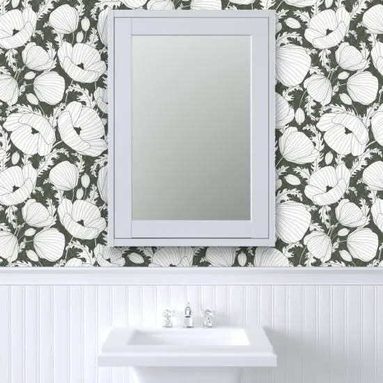 Pre-Pasted Wallpaper 2FT Wide Floral Poppies Boho Flowers Olive White Line Drawing Large Scale Leaves Retro Green Custom Pre-pasted Wallpaper by Spoonflower {6}