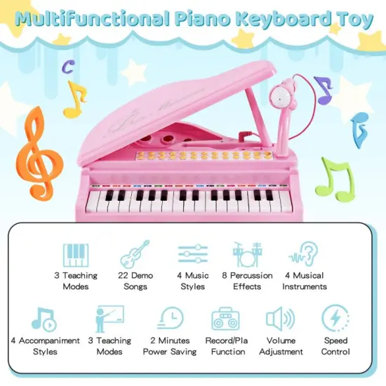 31 Keys Kids Piano Keyboard with Stool and Piano Lid Pink {3}