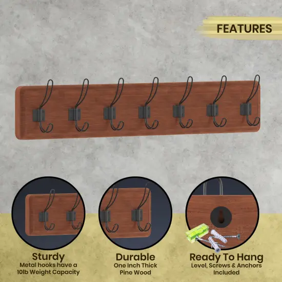 HBCY Creations Wall Mounted Storage Rack - Pine Wood Construction - 7 Hooks - Ideal for Entryway, Kitchen, Bathroom and More Brown {2}