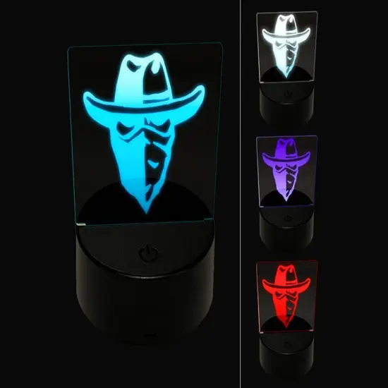 Masked Cowboy Bandit Highwayman with Hat and Bandana 3D Illusion LED Night Light Sign Nightstand Desk Lamp {1}