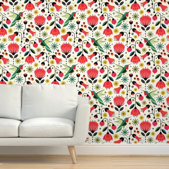 Peel & Stick Wallpaper 2FT Wide Hummingbird Vintage Flowers Floral Retro Mod Mid Century Scandi Red Yellow Green Custom Removable Wallpaper by Spoonflower {5}