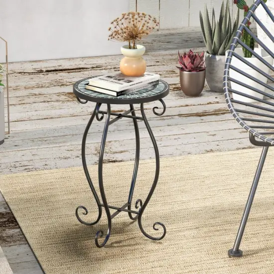 12" Round Ceramic Tile Table with Floral Mosaic Design and Metal Legs Ideal for Balcony or Deck Black & Smoke Blue {4}