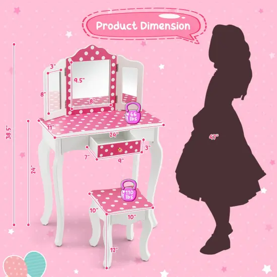 Kids Vanity Table and Stool Set with Cute Polka Dot Print-Pink {2}