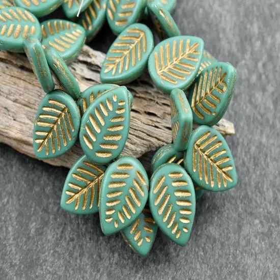 *15* 16x12mm Gold Washed Green Turquoise Top Drilled Dogwood Leaf Beads {1}