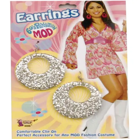 Womens 70's Hippie Glitter Mod Silver Earrings Costume Accessory {1}
