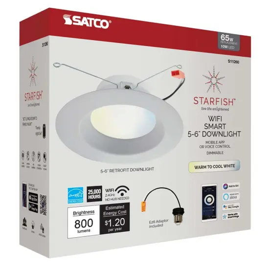 Wi-Fi 5-6in LED Tunable White 10w Recessed Downlight 800lm - Satco Starfish IOT Selectable {3}