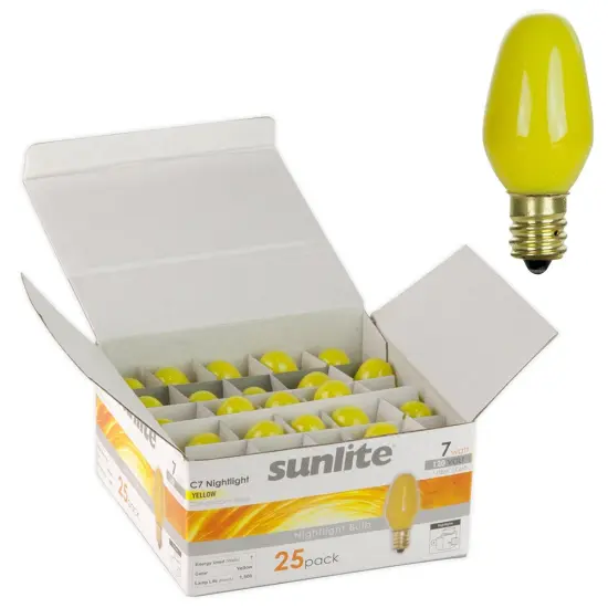 25Pk - SUNLITE 7w C7 120v Candelabra Base Yellow Bulb {1}