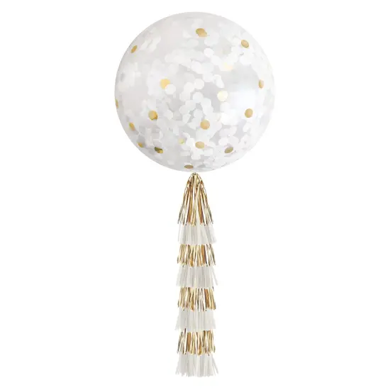 Jumbo Confetti Balloon & Tassel Tail - White & Gold {1}