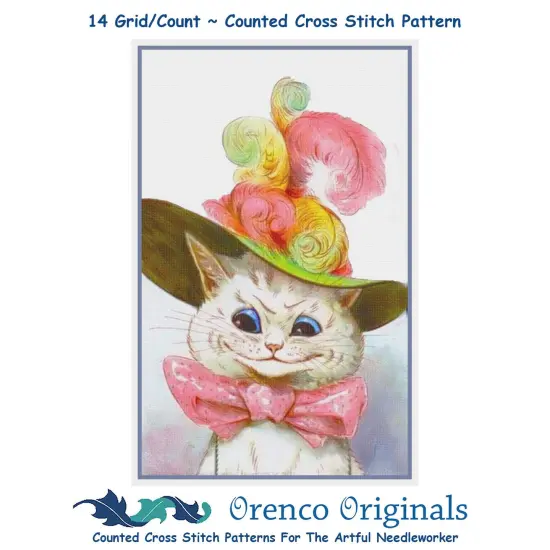 Louis Wain's White Kitty Cat With Fancy Hat Counted Cross Stitch Chart Pattern {1}