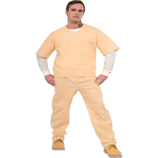 Adult Mens Chain Gang Prisoner Beige Prison Suit Costume {1}