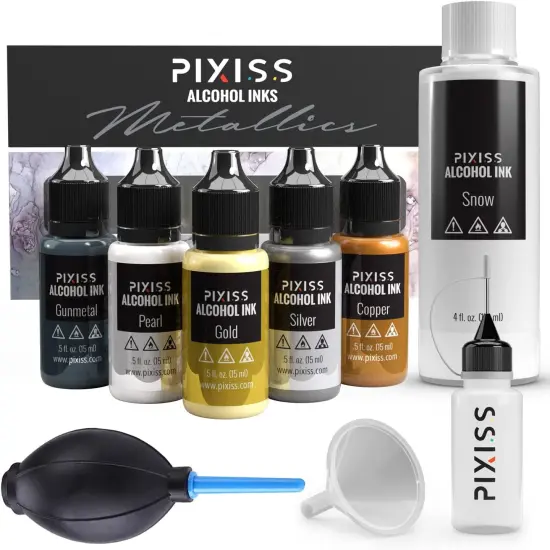 Pixiss Metallic Alcohol Ink Bundle, 5 Alcohol-Based Inks, 4oz White Alcohol Ink, Blower {1}