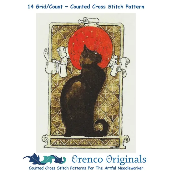 Art Nouveau Black Cat Design detail Folk Art Counted Cross Stitch Pattern {1}