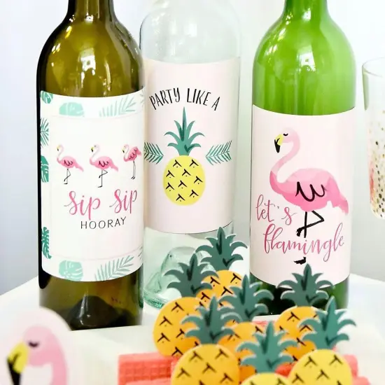 Big Dot of Happiness Pink Flamingo - Party Like a Pineapple - Tropical Summer Party Decor for Women and Men - Wine Bottle Label Stickers - Set of 4 {3}
