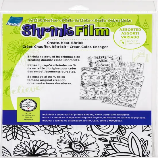 Grafix Artist Series Printed Shrink Film 8.5"X11" 4/Pkg-Bloom, Home, Script, Butterflies {1}