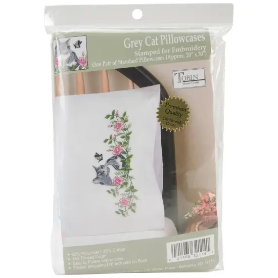 Tobin Stamped For Embroidery Pillowcase Pair 20"X30"-Grey Cat {1}