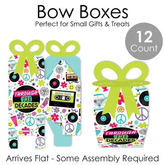 Big Dot of Happiness Through the Decades - Square Favor Gift Boxes - 50s, 60s, 70s, 80s, and 90s Party Bow Boxes - Set of 12 {7}